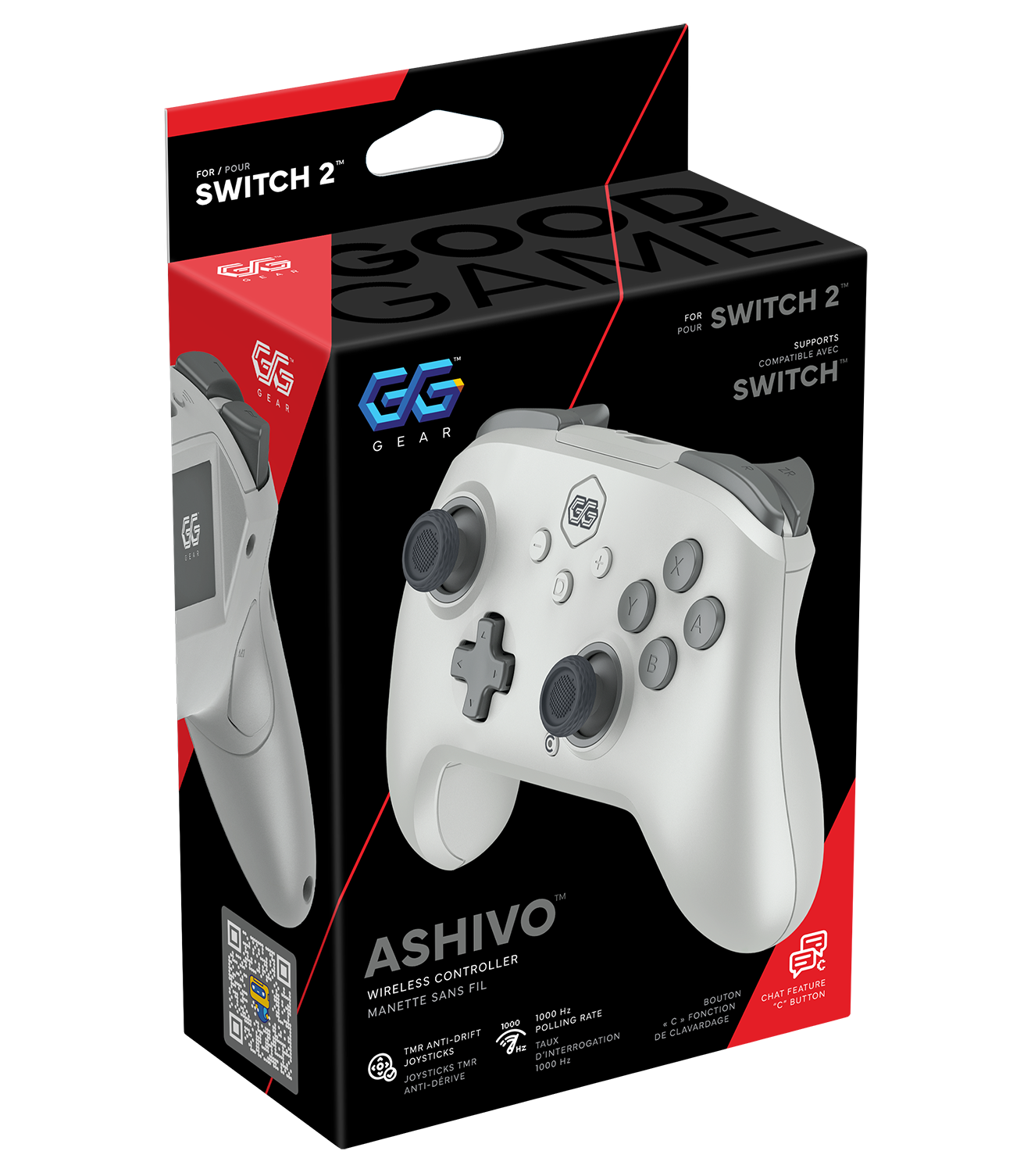 GG Gear grey gaming controller packaging with Ashivo branding on a black background.