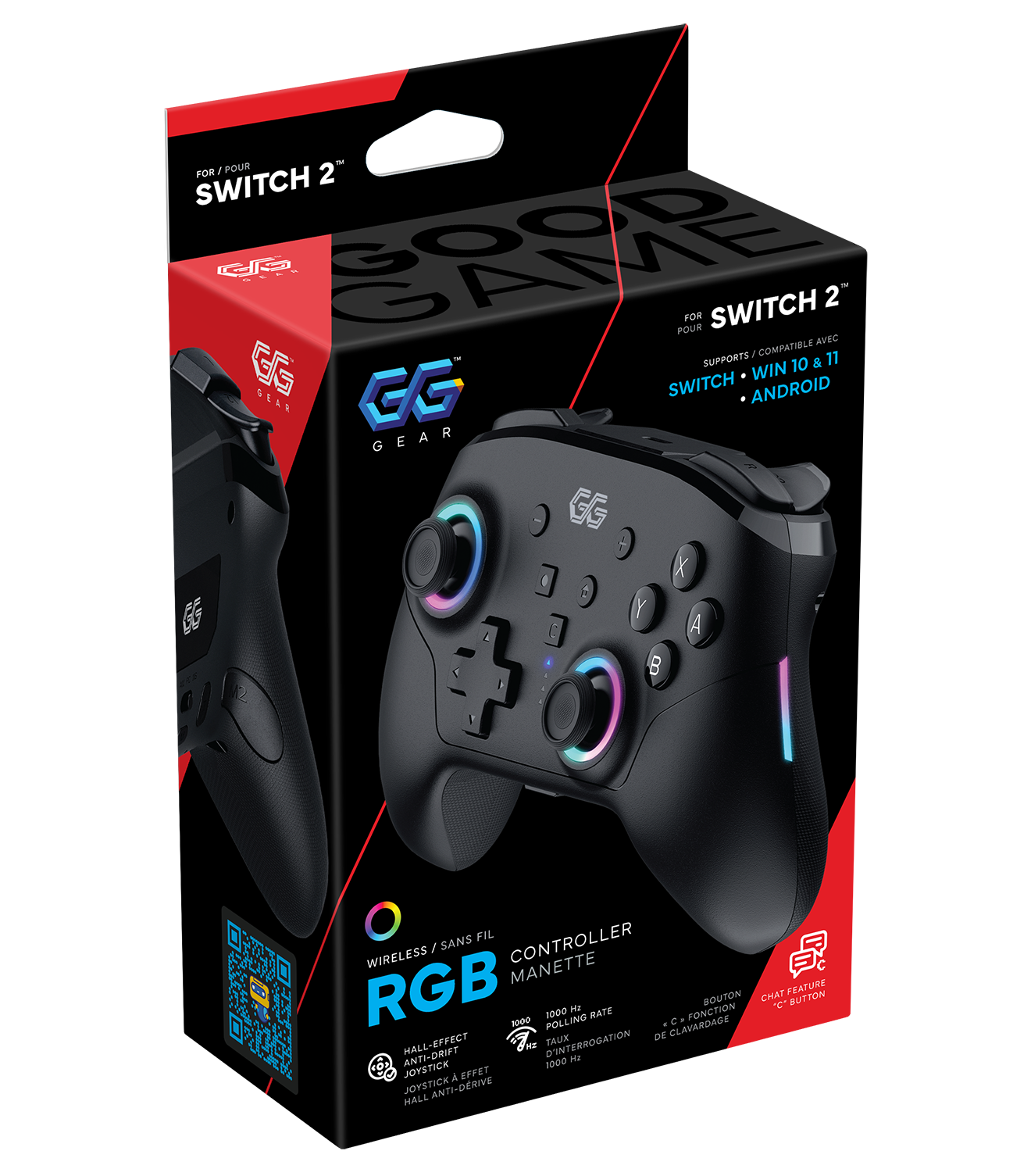 Gaming controller packaging with RGB lighting features on a black background.