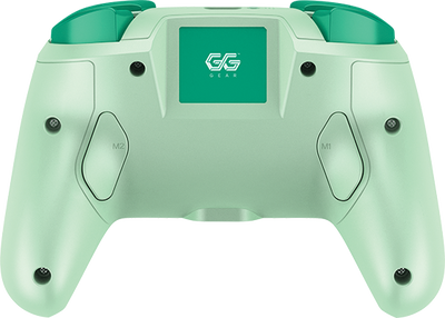 Light green wireless gaming controller for SWITCH 2 with a visible GG Gear logo on a green background.
