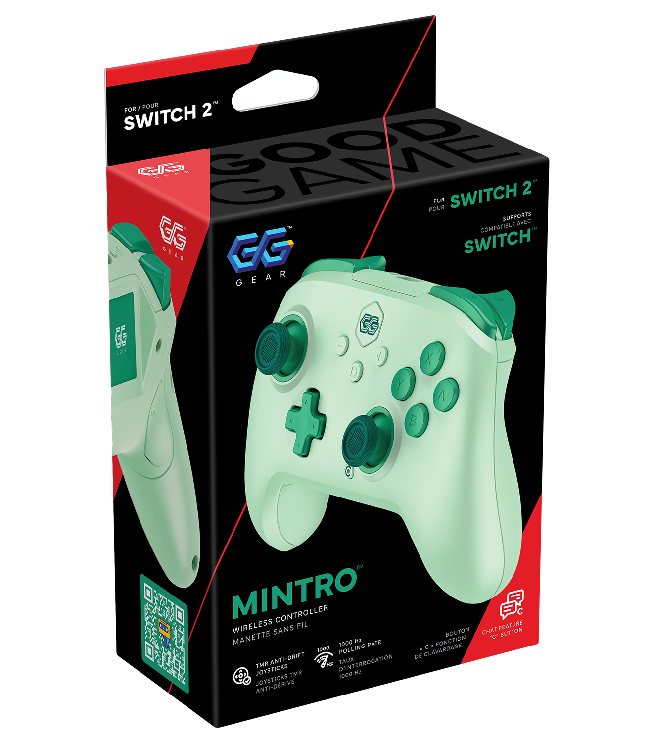 Green gaming controller packaging with GG Gear branding on a black background.
