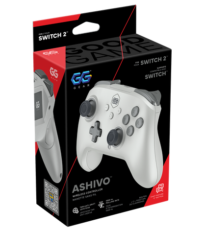 GG Gear grey gaming controller packaging with Ashivo branding on a black background.