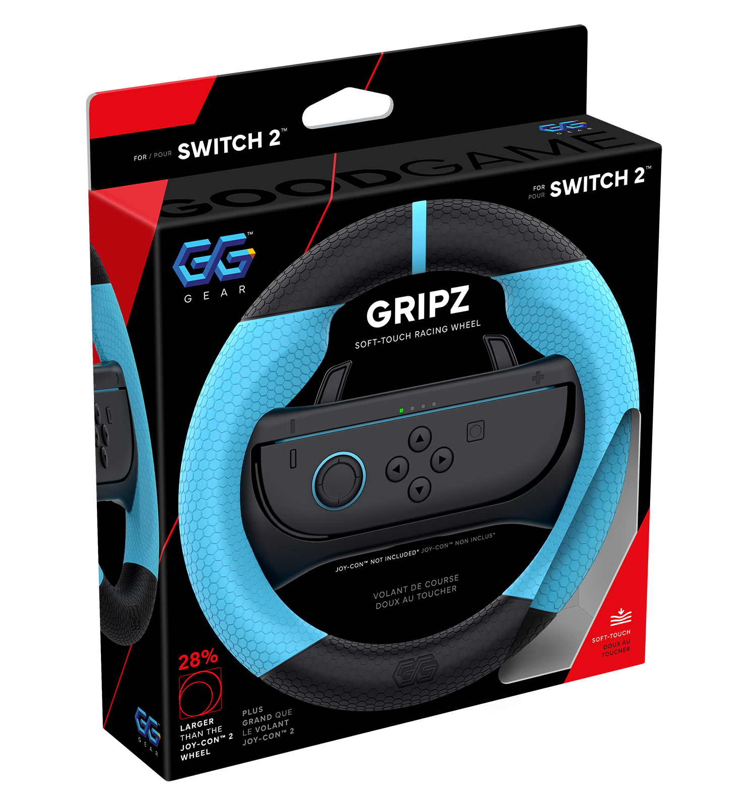 GG Gear, Good Game Gear, GG GRIPZ Steering Wheel, blue, for Switch 2, with packaging.
