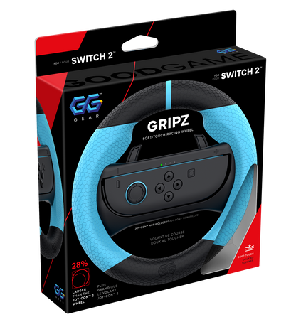 GG Gear, Good Game Gear, GG GRIPZ Steering Wheel, blue, for Switch 2, with packaging.