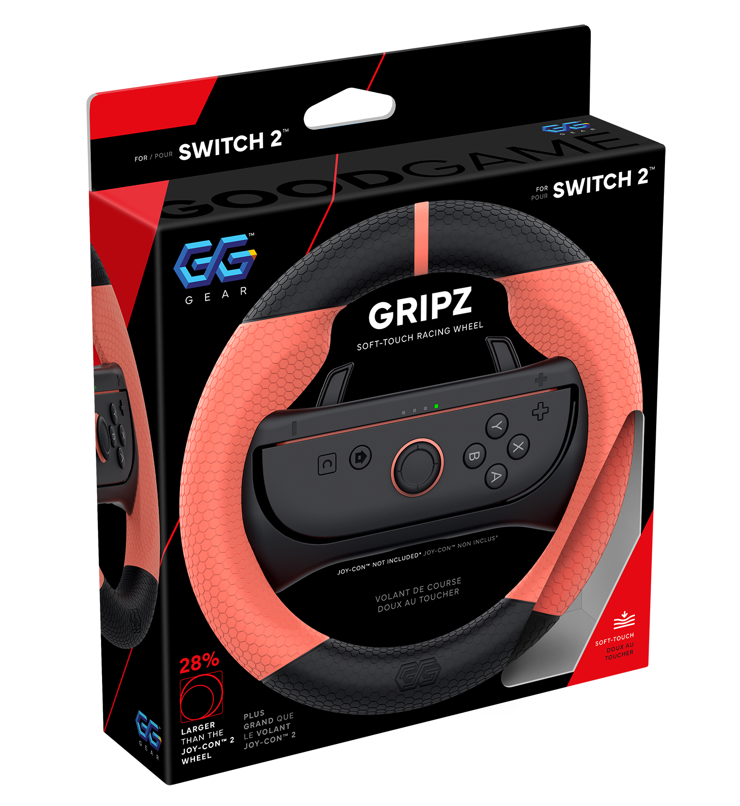 GG Gear's GG GRIPZ for Switch 2 gaming steering wheel packaging with red and black design.