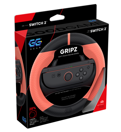 GG Gear's GG GRIPZ for Switch 2 gaming steering wheel packaging with red and black design.